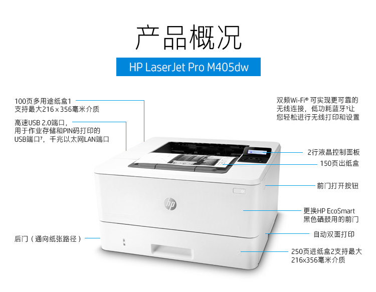 惠普(hp)laserjet pro m405dw 黑白激光打印机 a4 打印38页/分钟 黑白